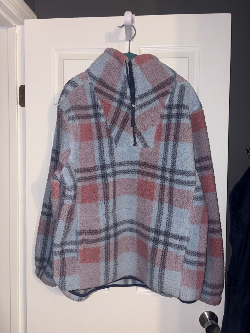 NWT Plaid Sherpa Half-Zip Pullover Hoodie - Light Blue & Dusty Rose